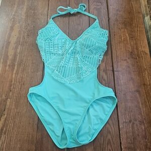 One Piece Swimsuit Women Sz S Aqua Cutaway Style Lacy Accent Vacation Island